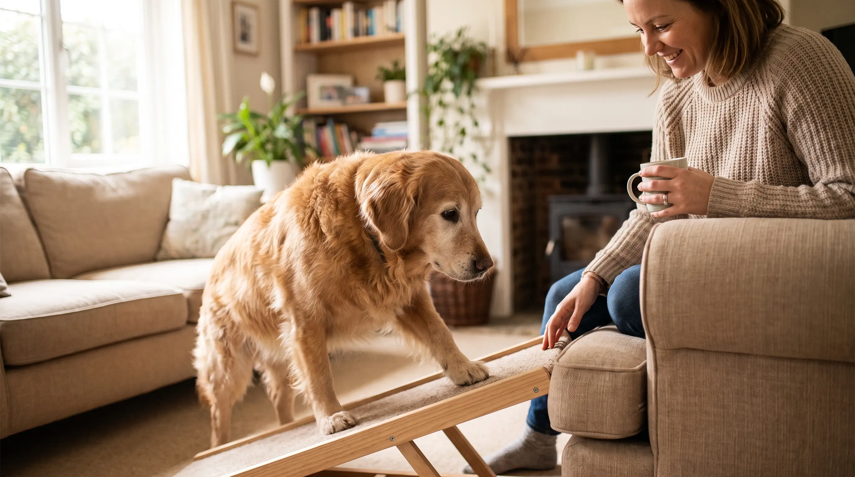 An old dog using a ramp to climb onto a couch beside its owner