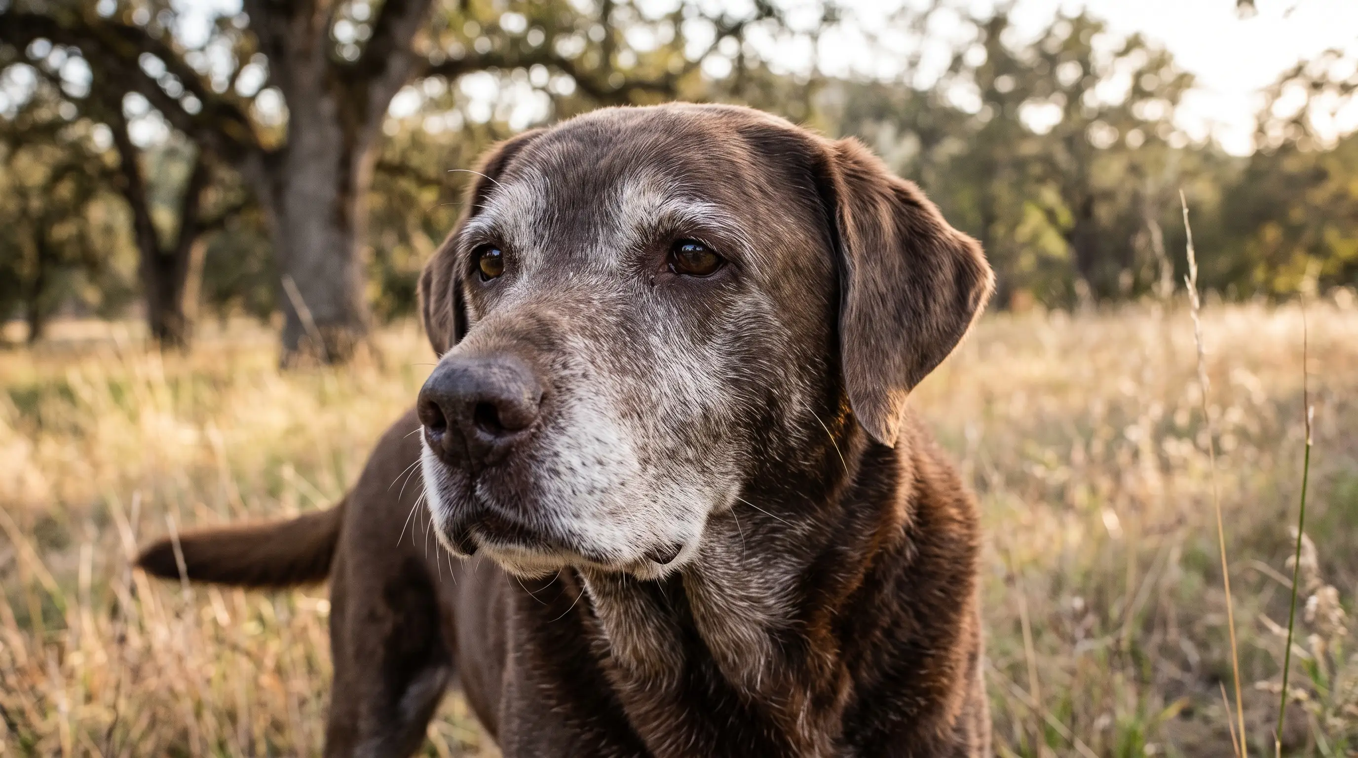A large old dog with a greying face standing in soft afternoon light