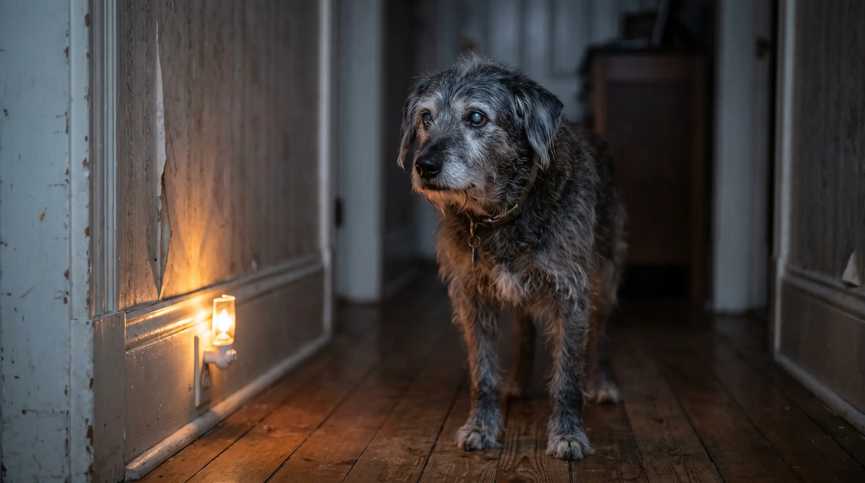 An old dog standing alone in a dim hallway at night looking disoriented