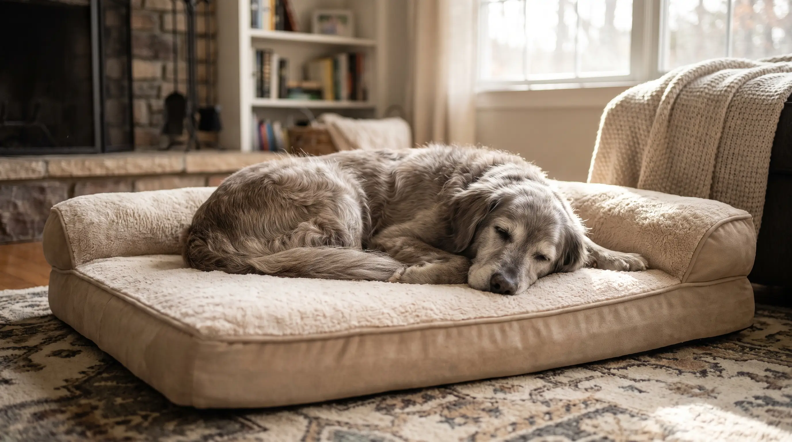 An old dog lying comfortably on a thick orthopedic bed on a rug
