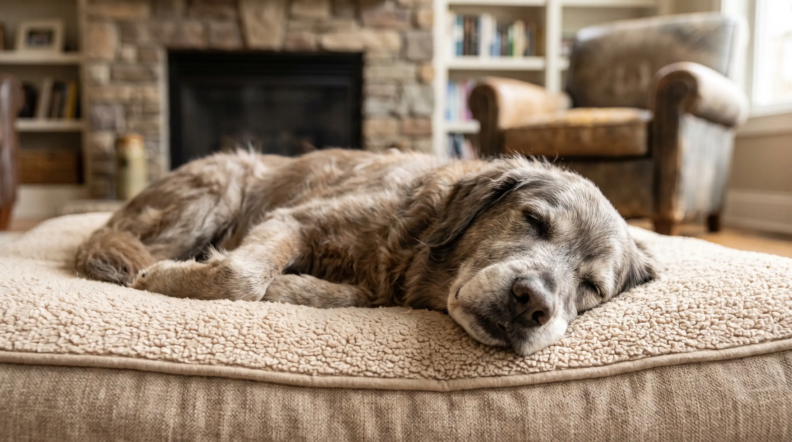 Old dog sleeping comfortably on a thick orthopedic memory-foam bed