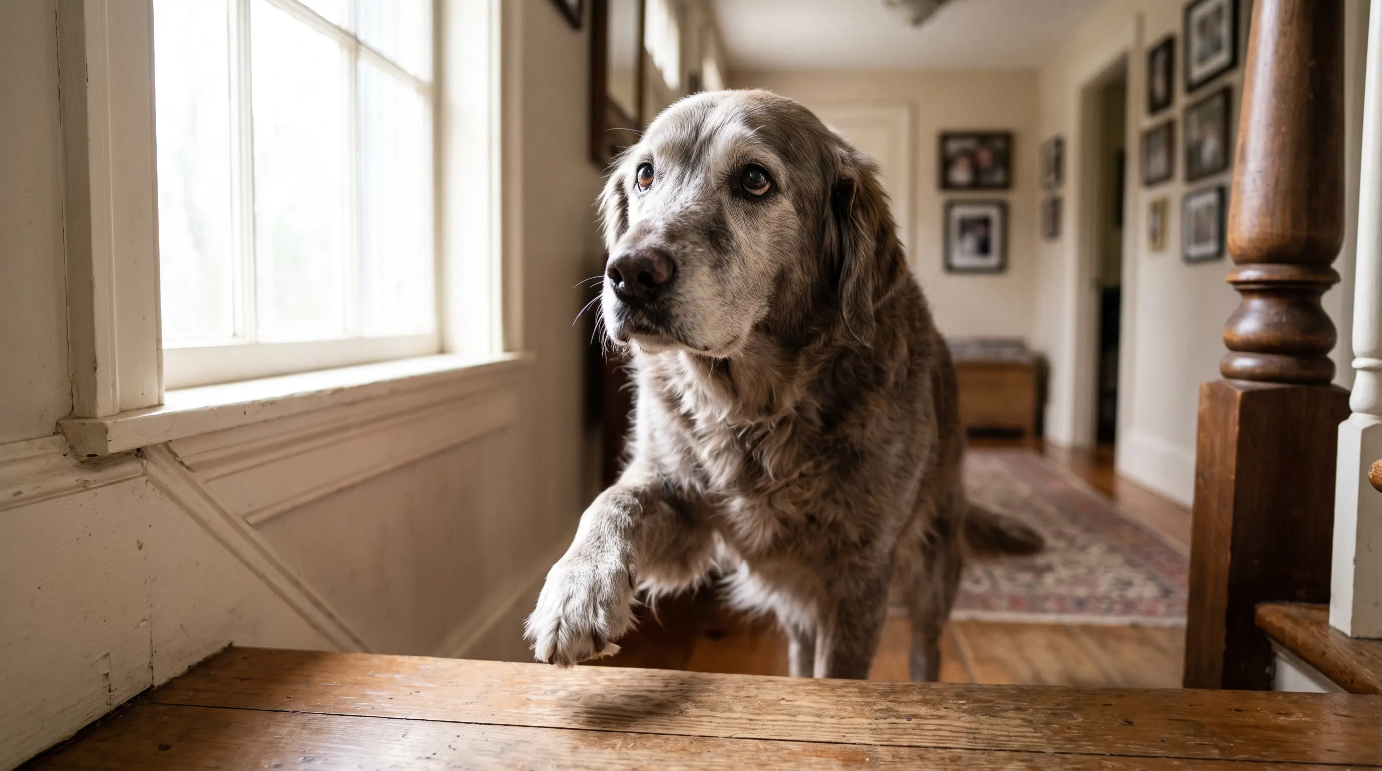 Grey-muzzled dog standing at the bottom of a staircase, hesitating before climbing