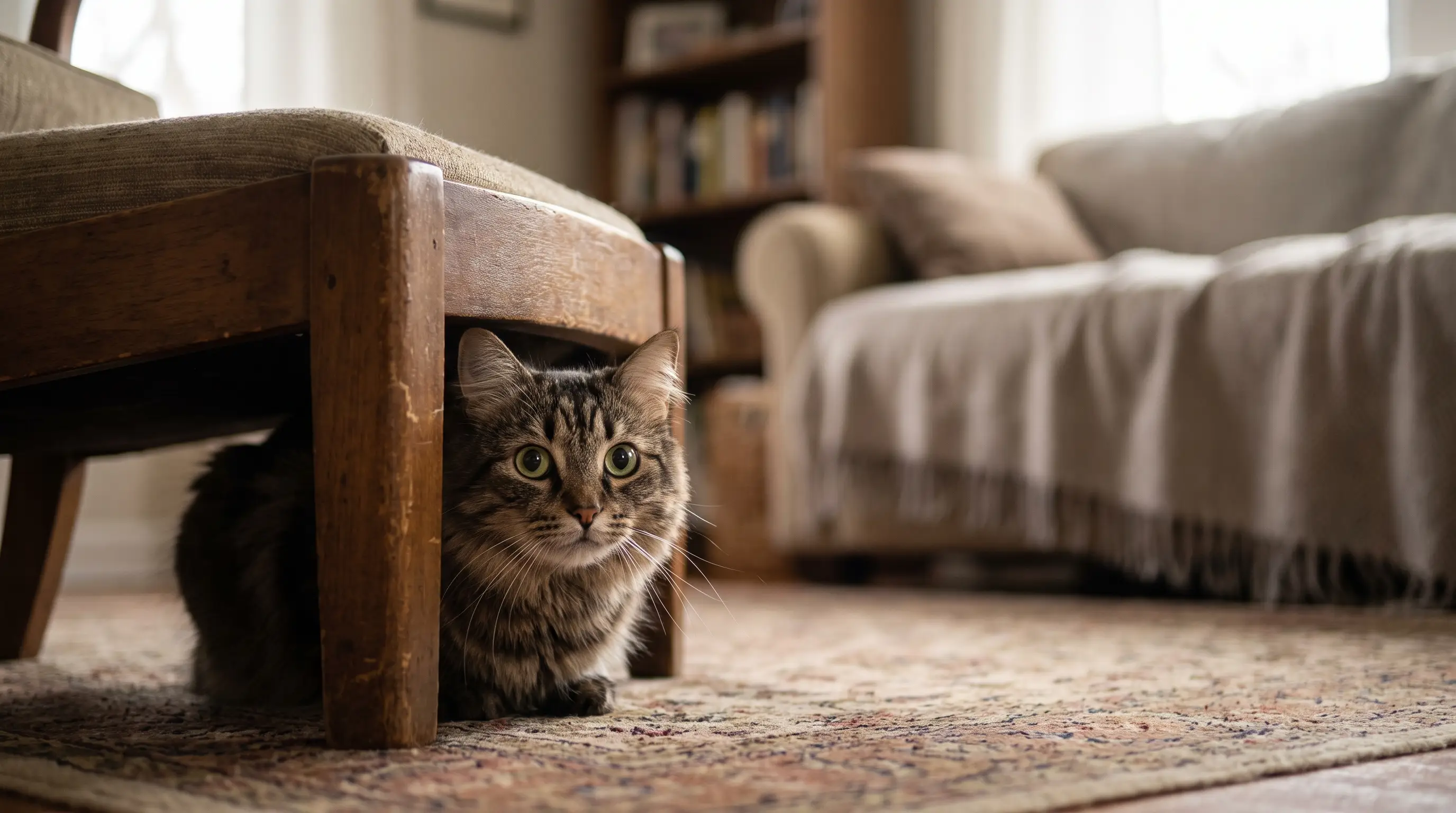 Un gatto spaventato nascosto sotto un mobile, di cui si intravedono solo il muso e gli occhi sgranati nell'ombra
