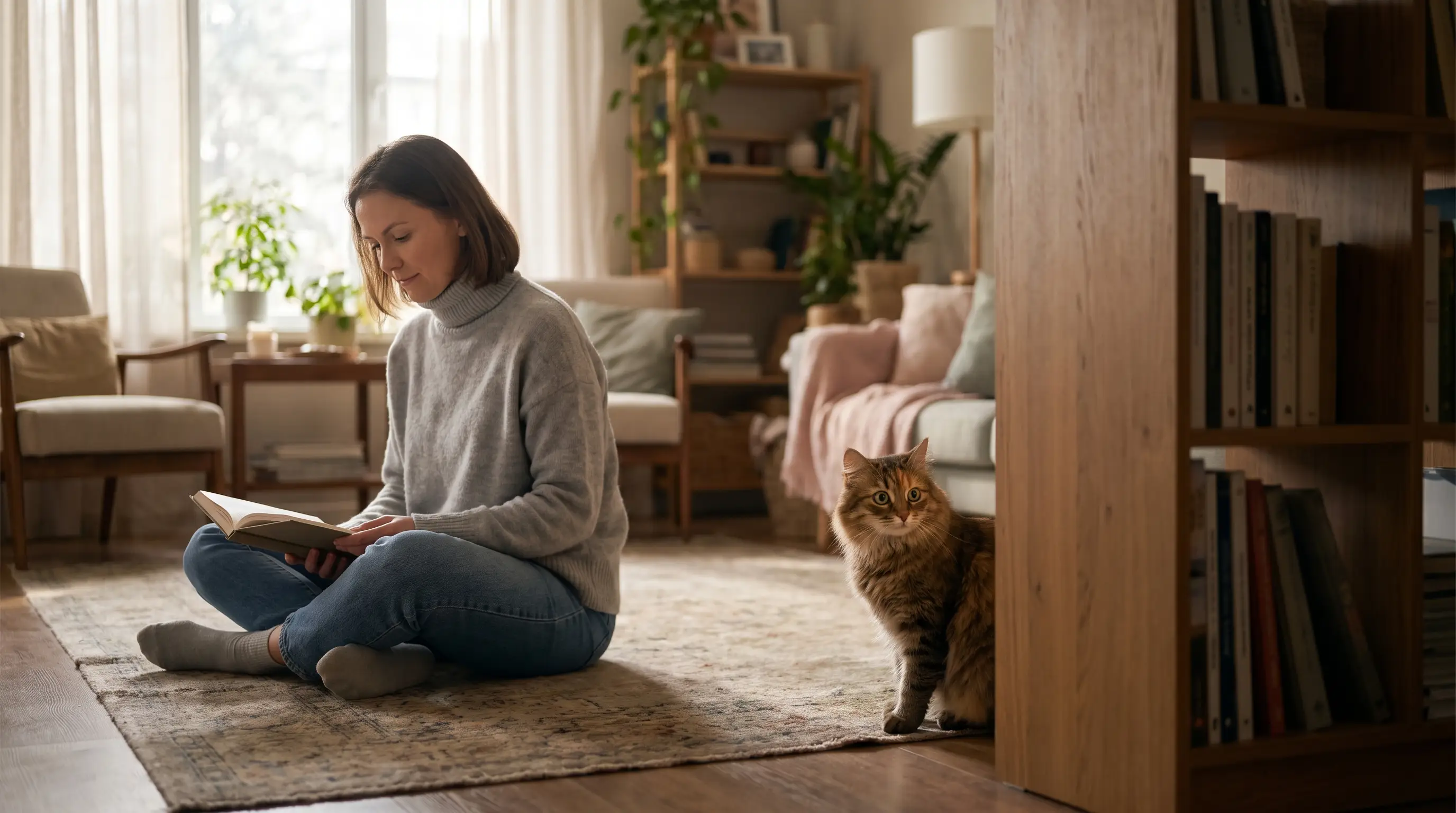 Una persona seduta con calma sul pavimento, a una certa distanza da un gatto guardingo, in soggiorno