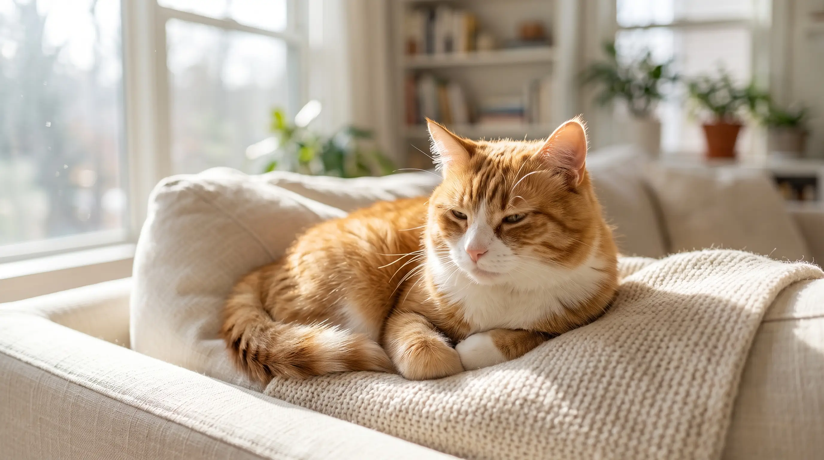 Un gatto rilassato e a suo agio, sdraiato con sicurezza su un divano di casa