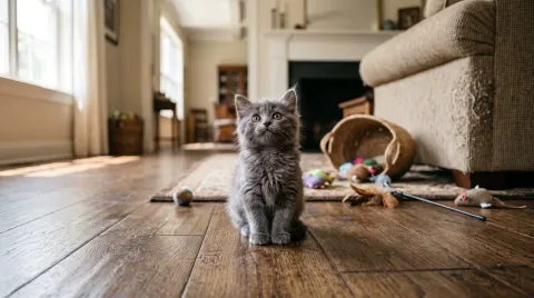 Tiny grey kitten sitting alone on a living room floor with a scratched sofa corner behind it
