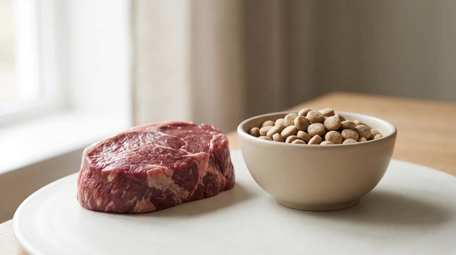 A single cut of raw red meat beside a bowl of plain pale kibble on a white plate