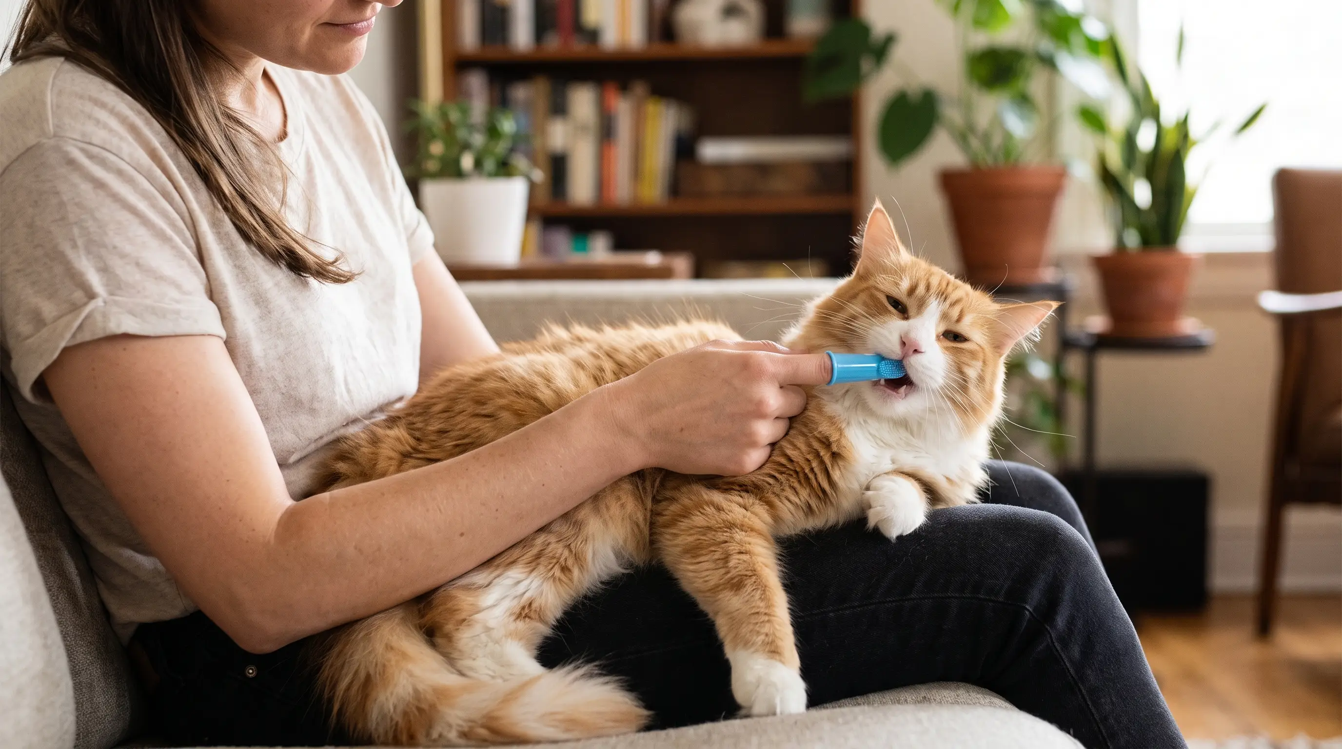 A person brushing a cat's teeth with a small pet toothbrush