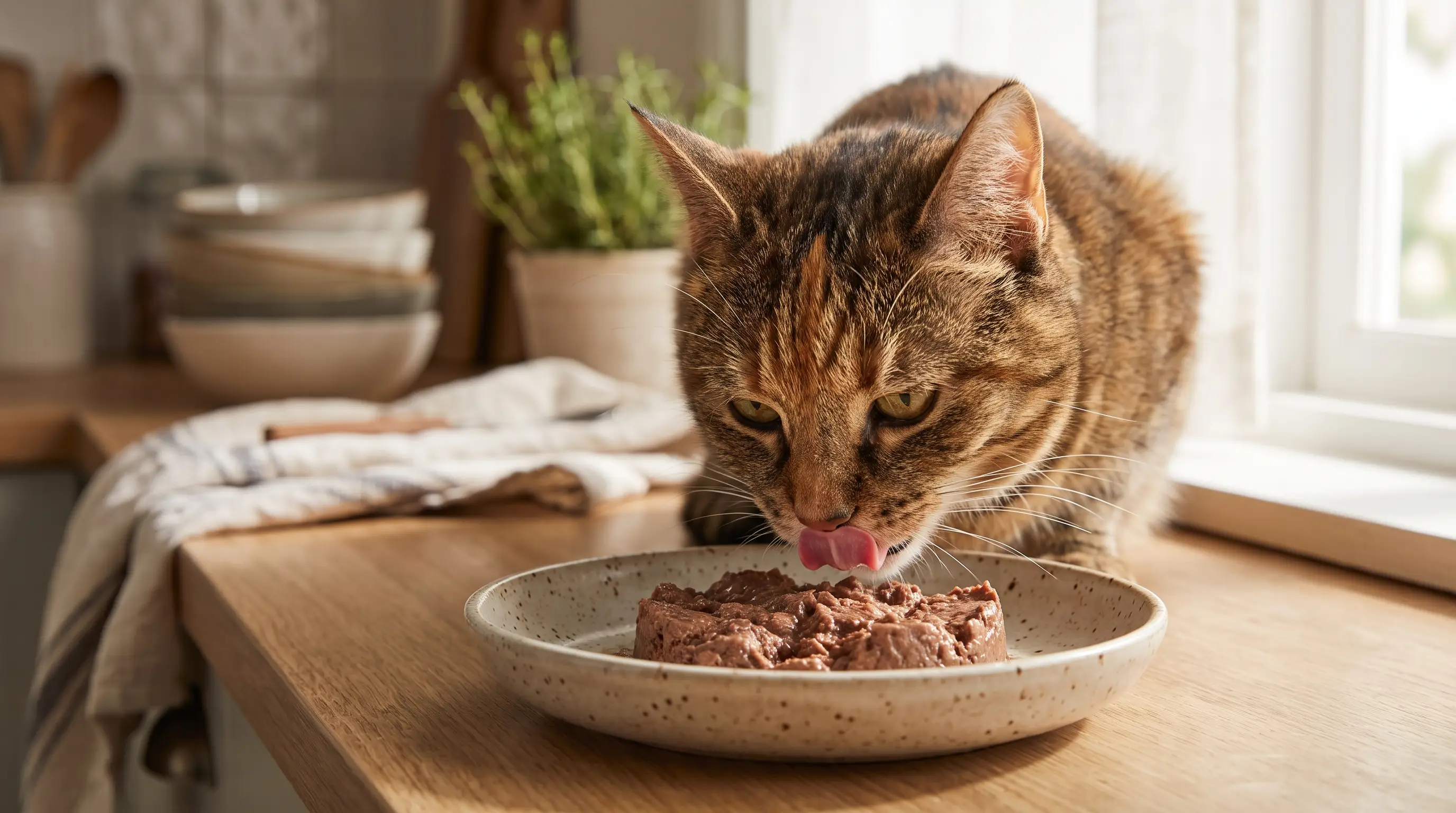 Close-up of a cat eating moist pâté-style food from a ceramic bowl