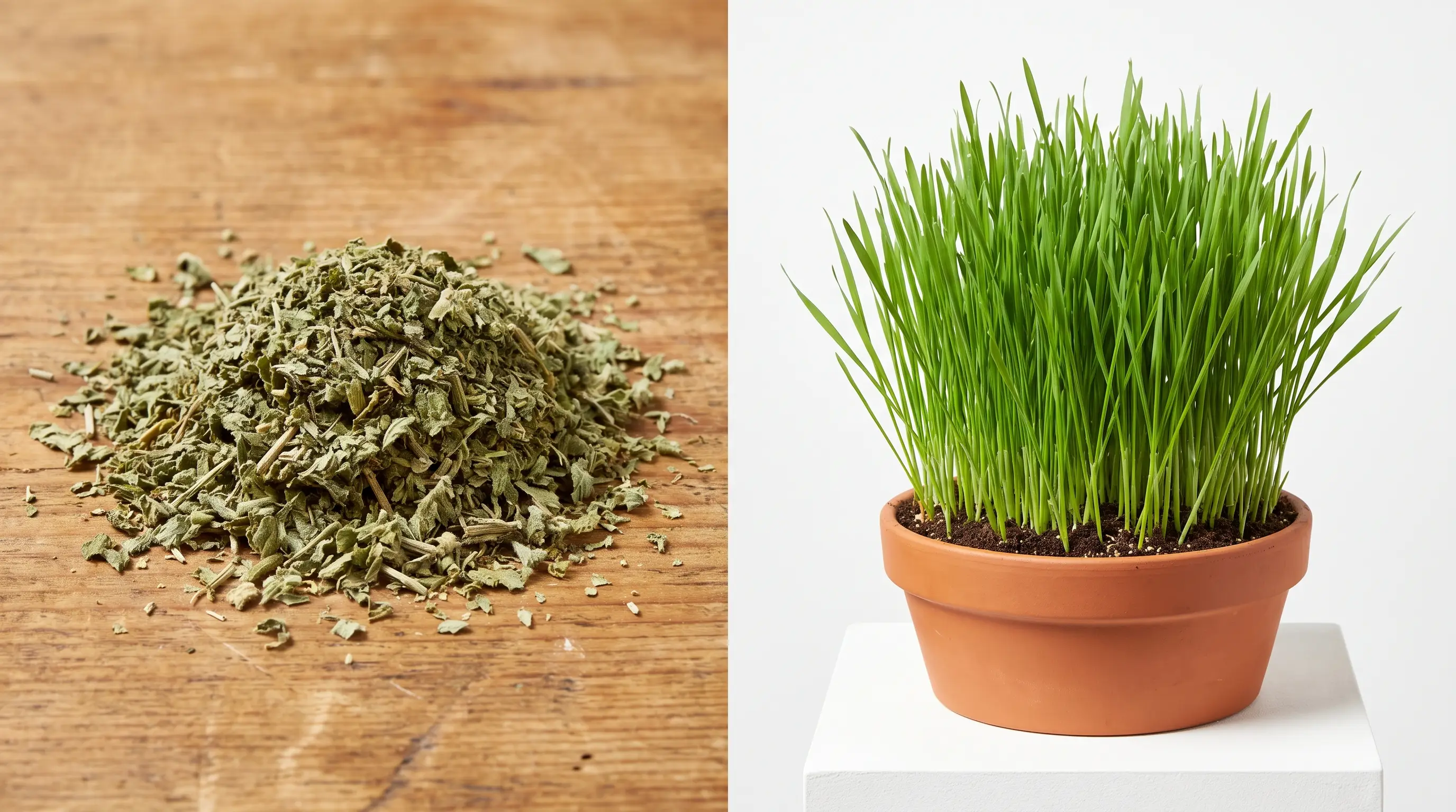 Split scene showing dried catnip leaves next to a pot of green wheatgrass