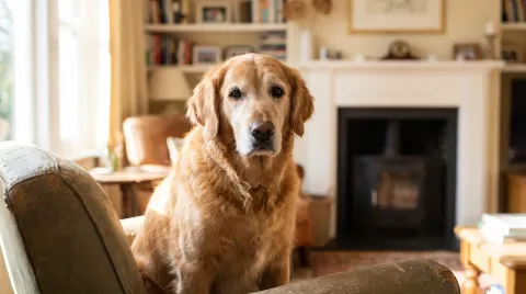 A calm, gentle-faced adult dog looking at the camera in a warm home in soft light