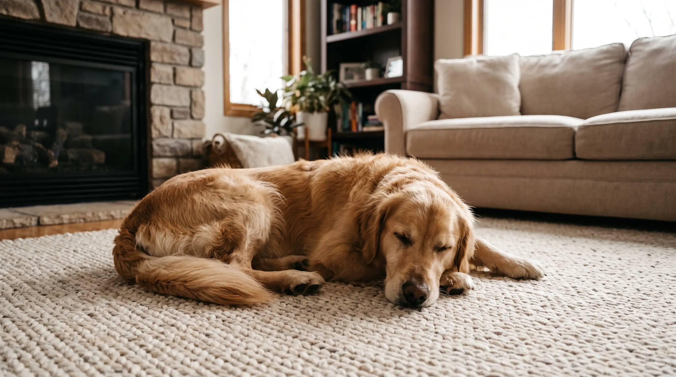 Un perro adulto relajado descansando a gusto sobre una alfombra en casa
