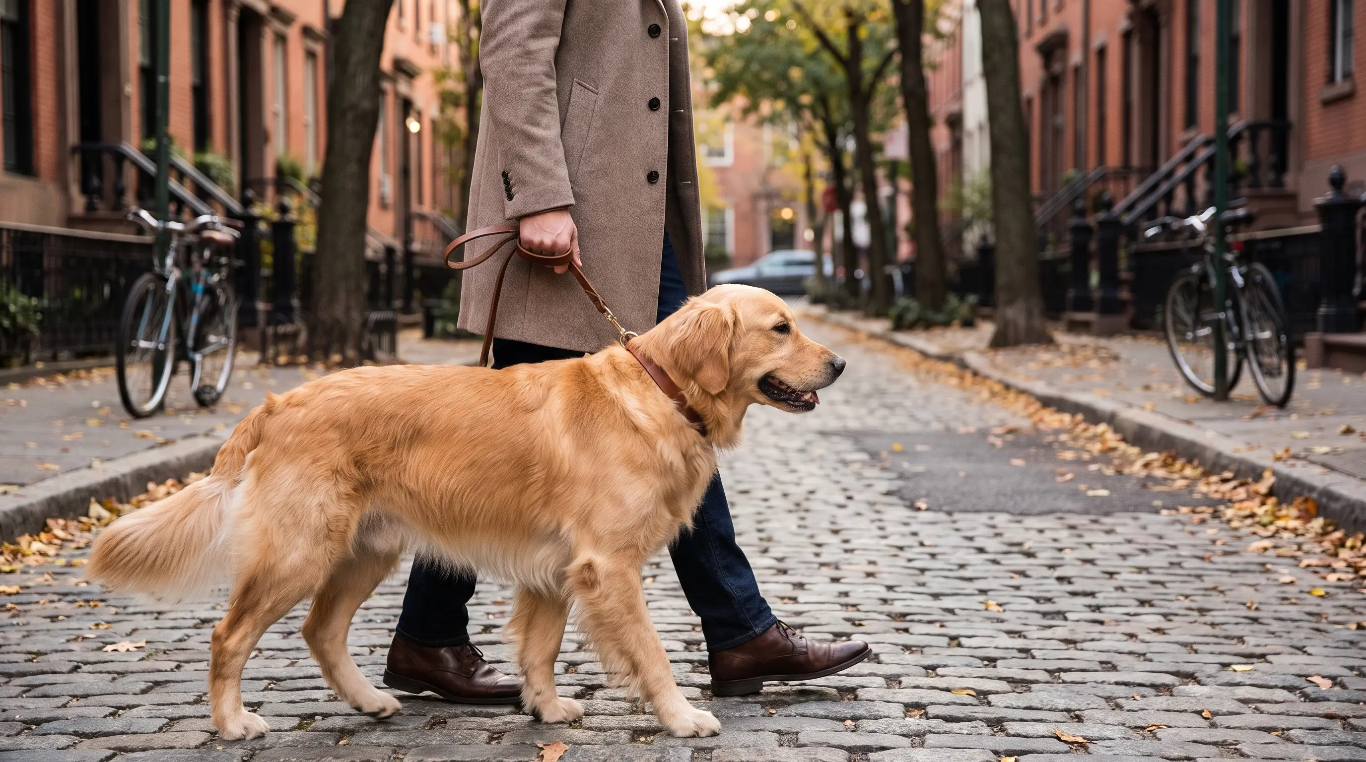 Un perro adulto caminando tranquilo con la correa junto a su dueño
