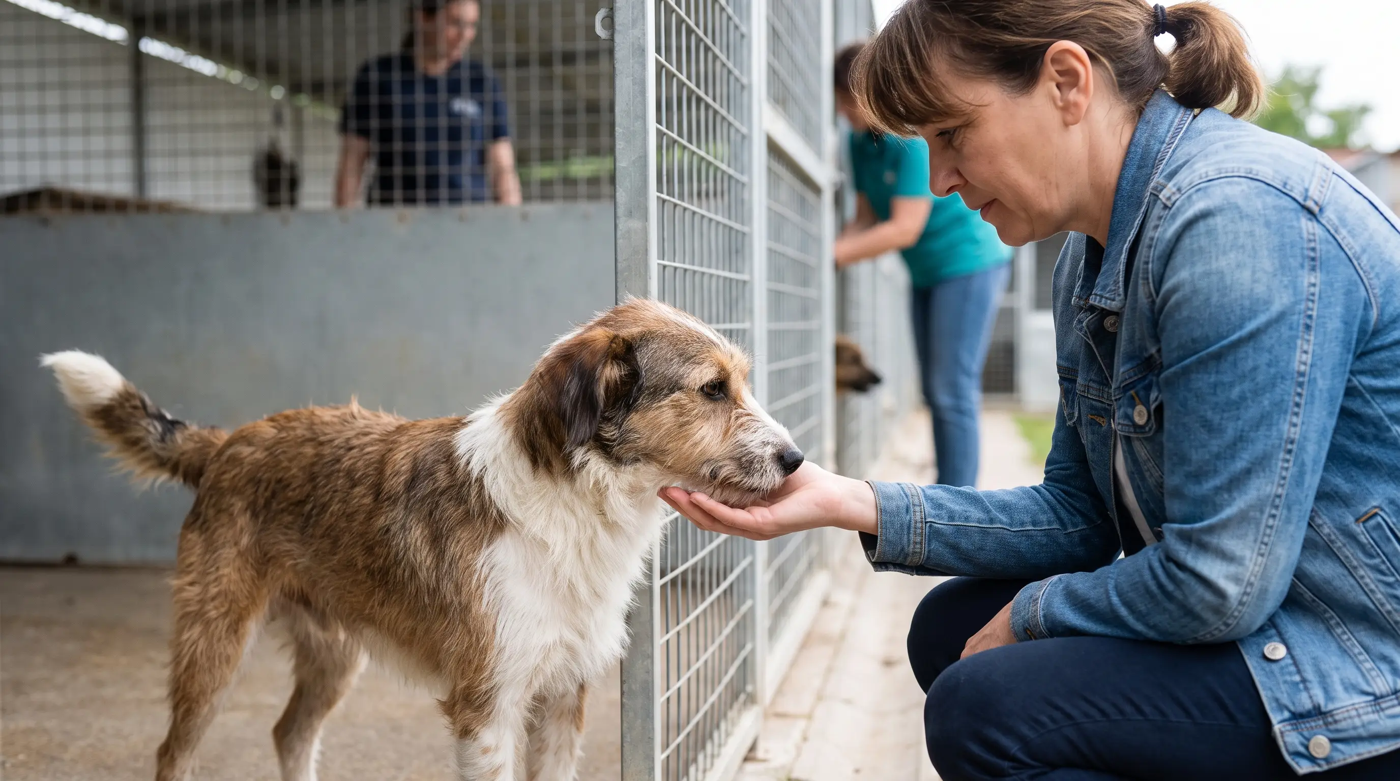Un perro adulto recibido con cariño por su nuevo dueño en una protectora