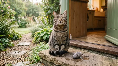 Tabby cat sitting proudly on a doorstep beside a toy mouse it has deposited at the open kitchen door