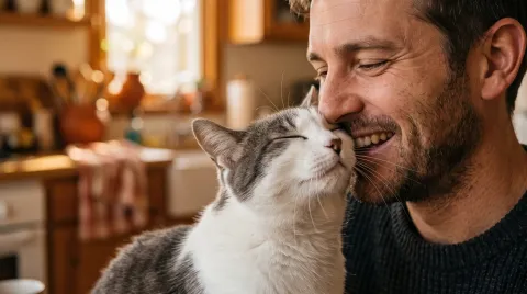 White and grey cat pressing its cheek against a man's jaw with eyes closed, mid-headbutt