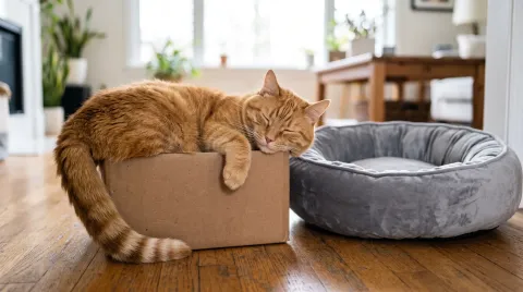 Orange tabby cat sitting contentedly in a too-small cardboard box beside a large ignored cat bed