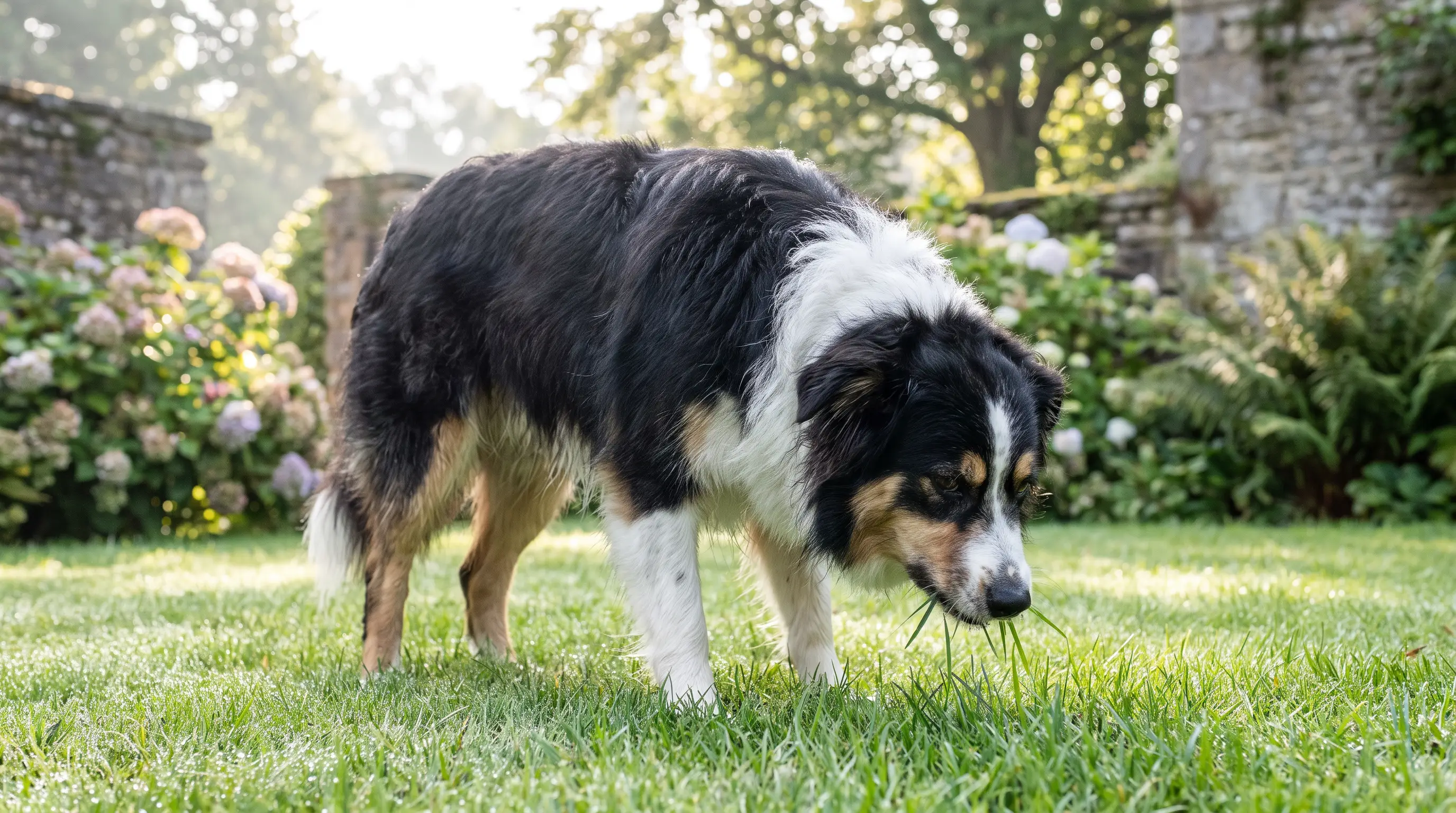 Border collie mix with its head down in a garden lawn, calmly nibbling fresh green grass in morning light