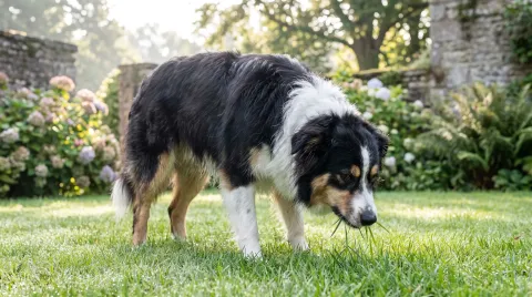 Border collie mix with its head down in a garden lawn, calmly nibbling fresh green grass in morning light