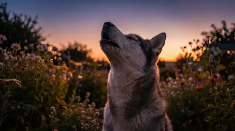 Siberian husky sitting in a garden at dusk with its muzzle raised to the sky mid-howl, eyes closed