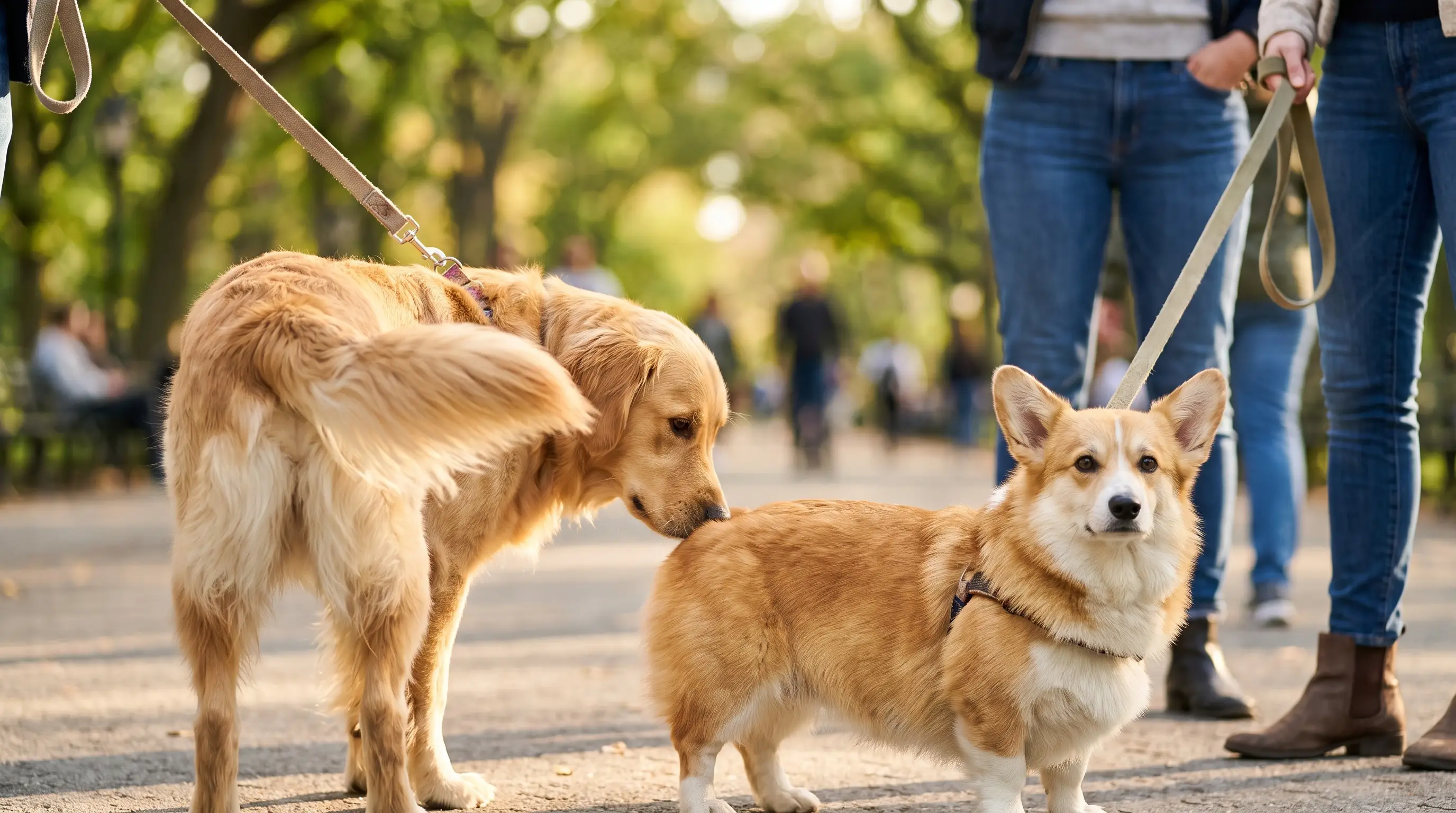 Golden retriever curving around to sniff the rear of a patient corgi during a greeting in a sunny park