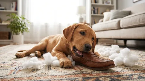Young labrador lying on a rug happily chewing a leather shoe, with cushion stuffing scattered around it