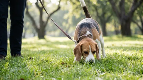 Beagle on a lead in a park with its nose buried in the grass, sniffing intently, the owner's taut lead at the edge of frame