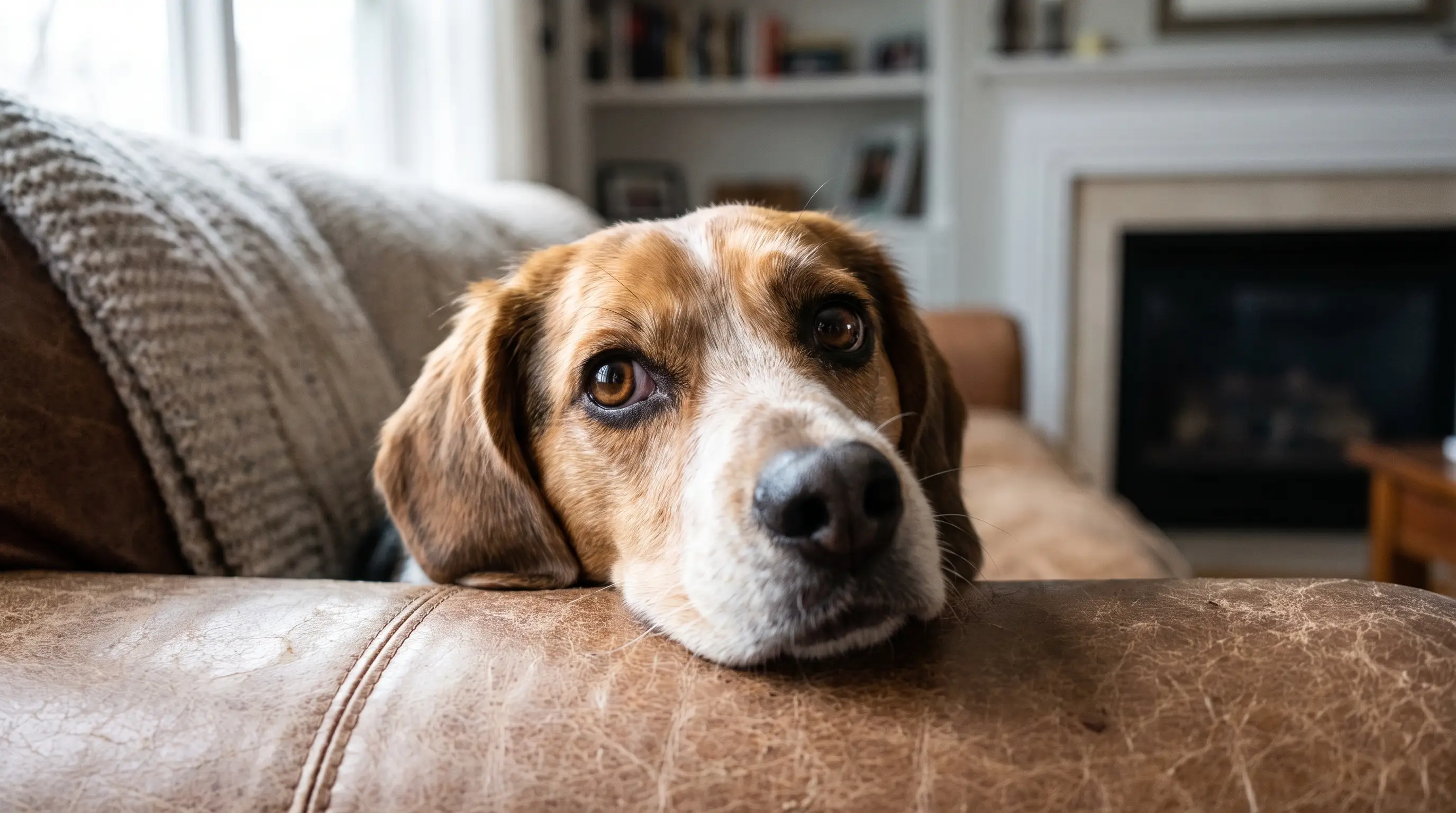 Beagle mix resting its chin on a sofa edge, gazing up with huge soft eyes and raised inner brows