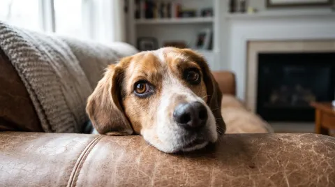 Beagle mix resting its chin on a sofa edge, gazing up with huge soft eyes and raised inner brows