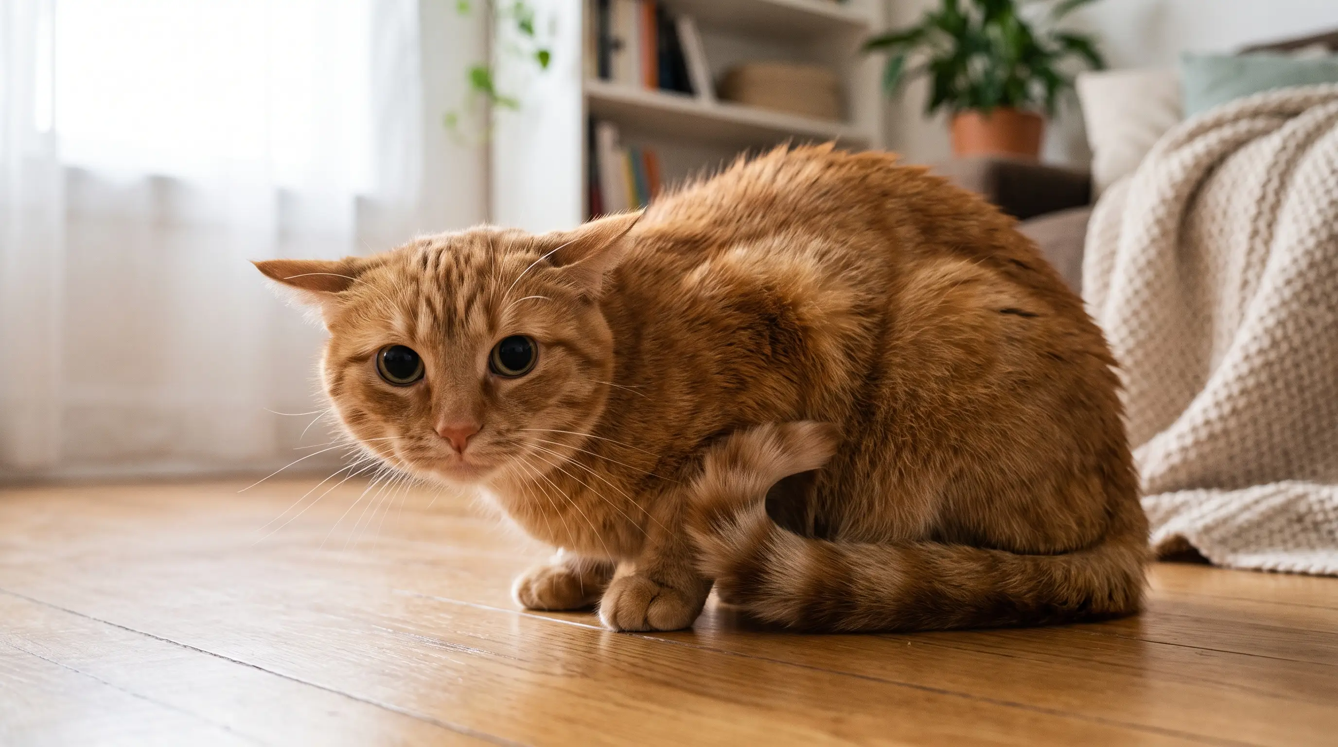 Ginger cat crouched low on a wooden floor with ears rotated flat sideways and a tense, defensive posture