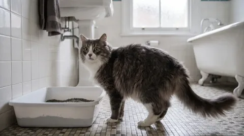 Fluffy grey and white cat standing beside an open litter tray on a bathroom floor, hesitating instead of stepping in