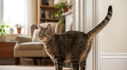 Tabby cat standing beside a pale doorframe with its tail raised straight up, seen from the side in a living room
