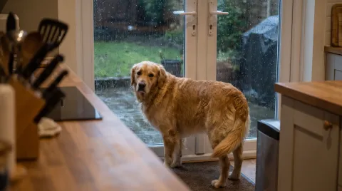 Adult golden retriever standing at a glass back door, looking out hesitantly at heavy rain in the garden