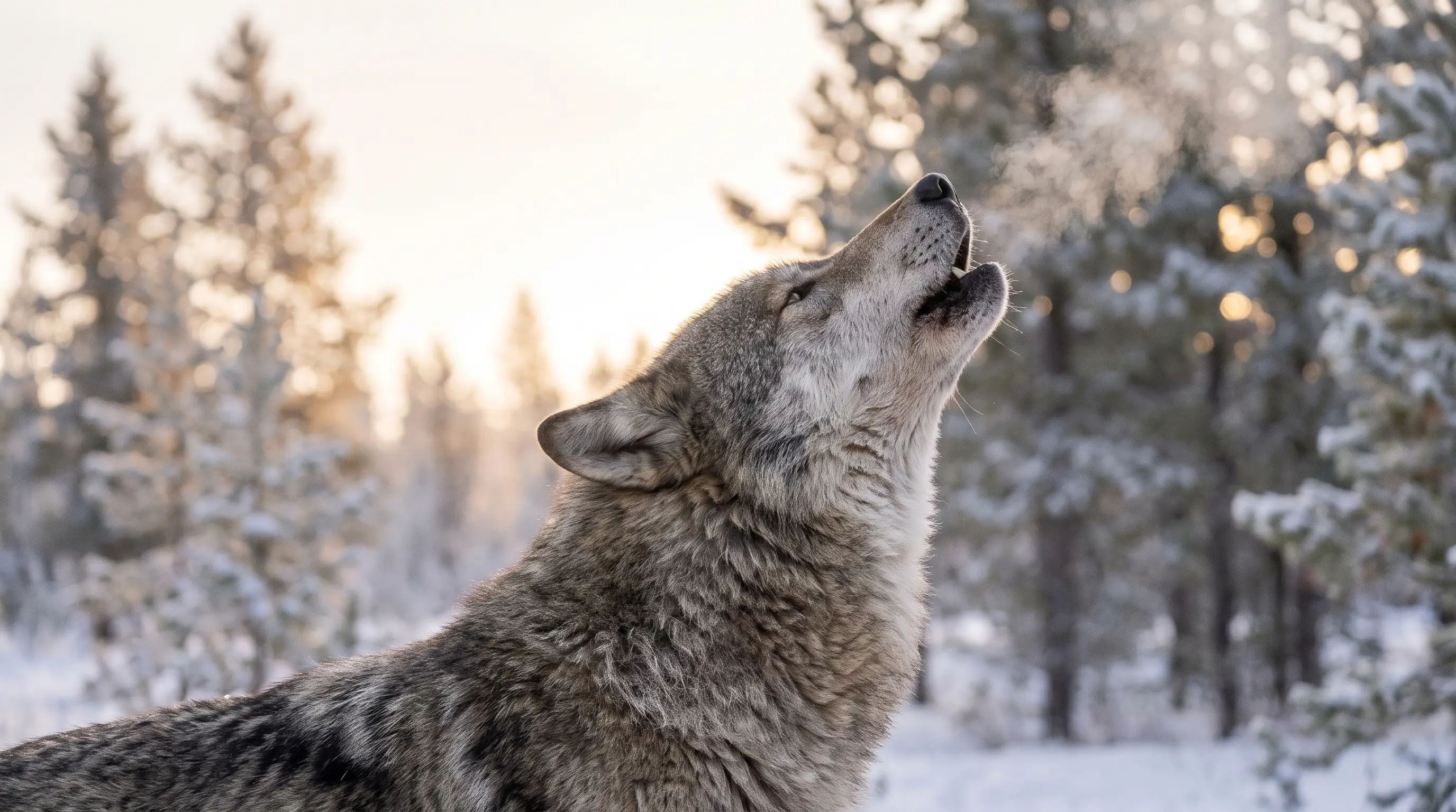 A gray wolf mid-howl, head raised and muzzle pointed skyward, breath visible in cold air