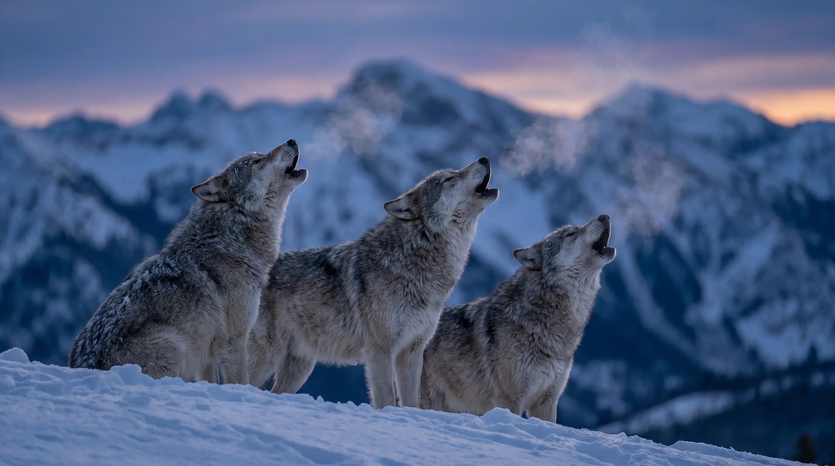 A chorus of several wolves howling together on a snowy ridge at dusk