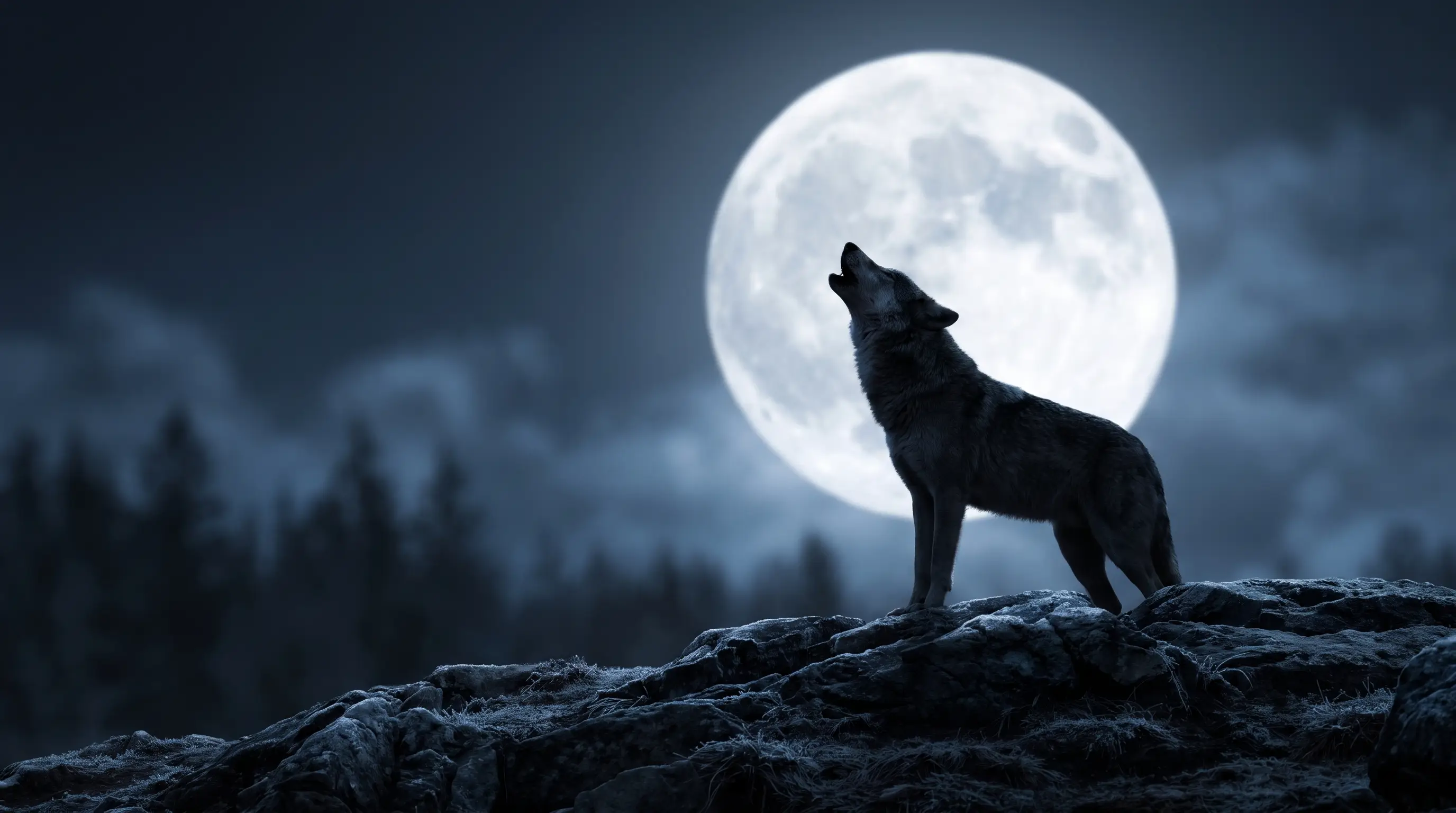 A lone wolf howling on a rocky ridge silhouetted against a large bright full moon at night