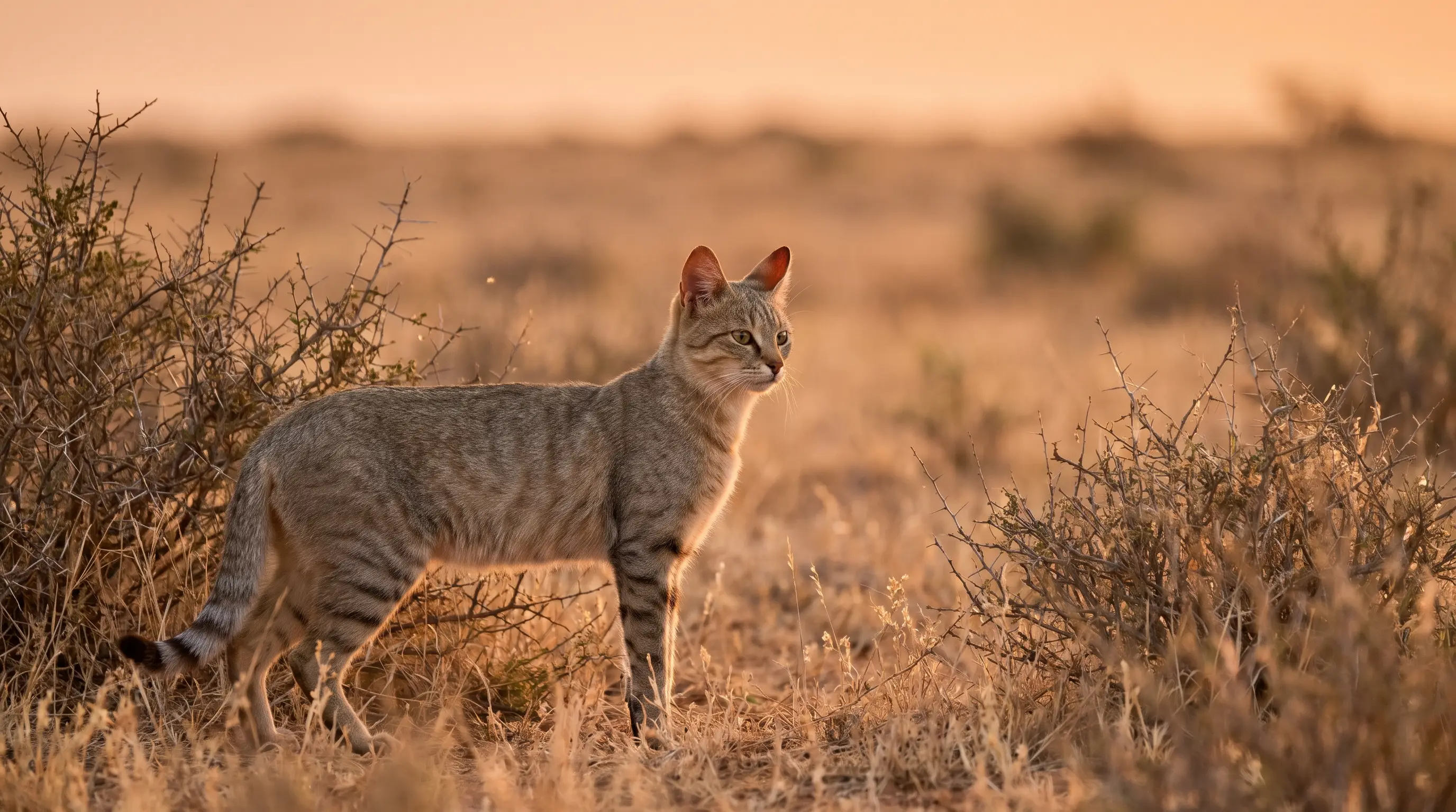 Portrait of an African wildcat showing sandy-tawny fur, faint tabby striping and reddish backs to the ears