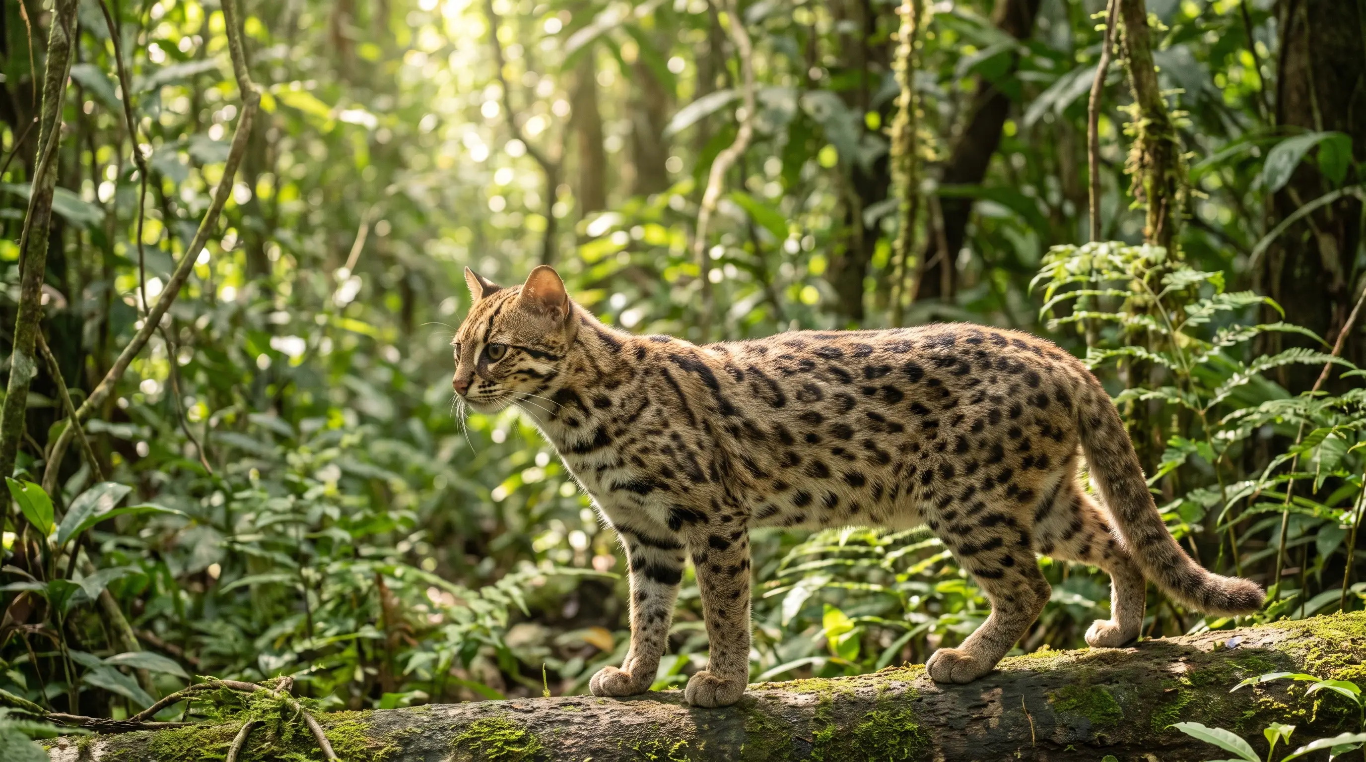 Asian leopard cat, a slender tawny wild cat with bold black spots and white underparts, in rainforest