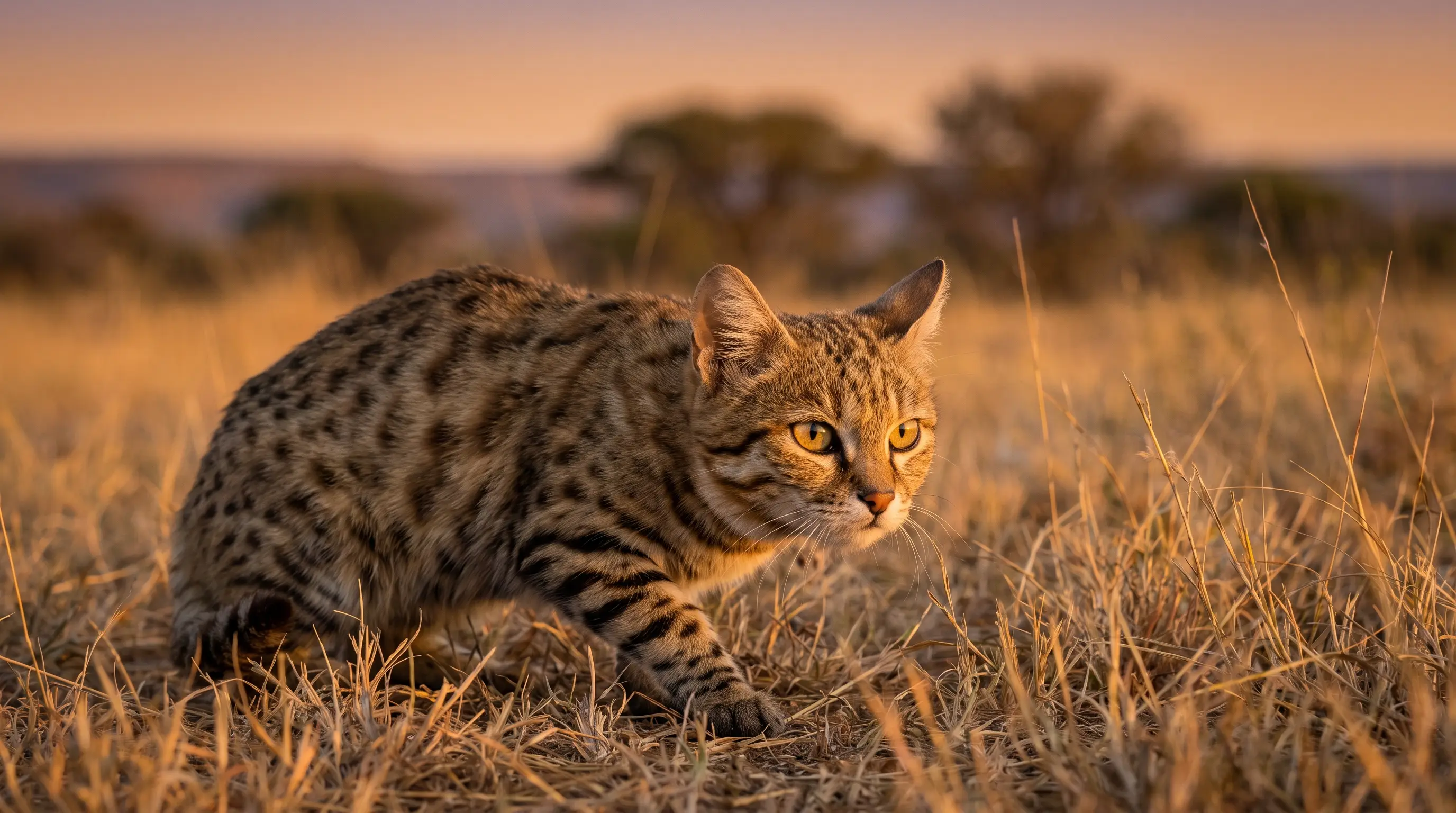 Black-footed cat, a small tawny spotted cat, alert and hunting in dry African grassland at dusk