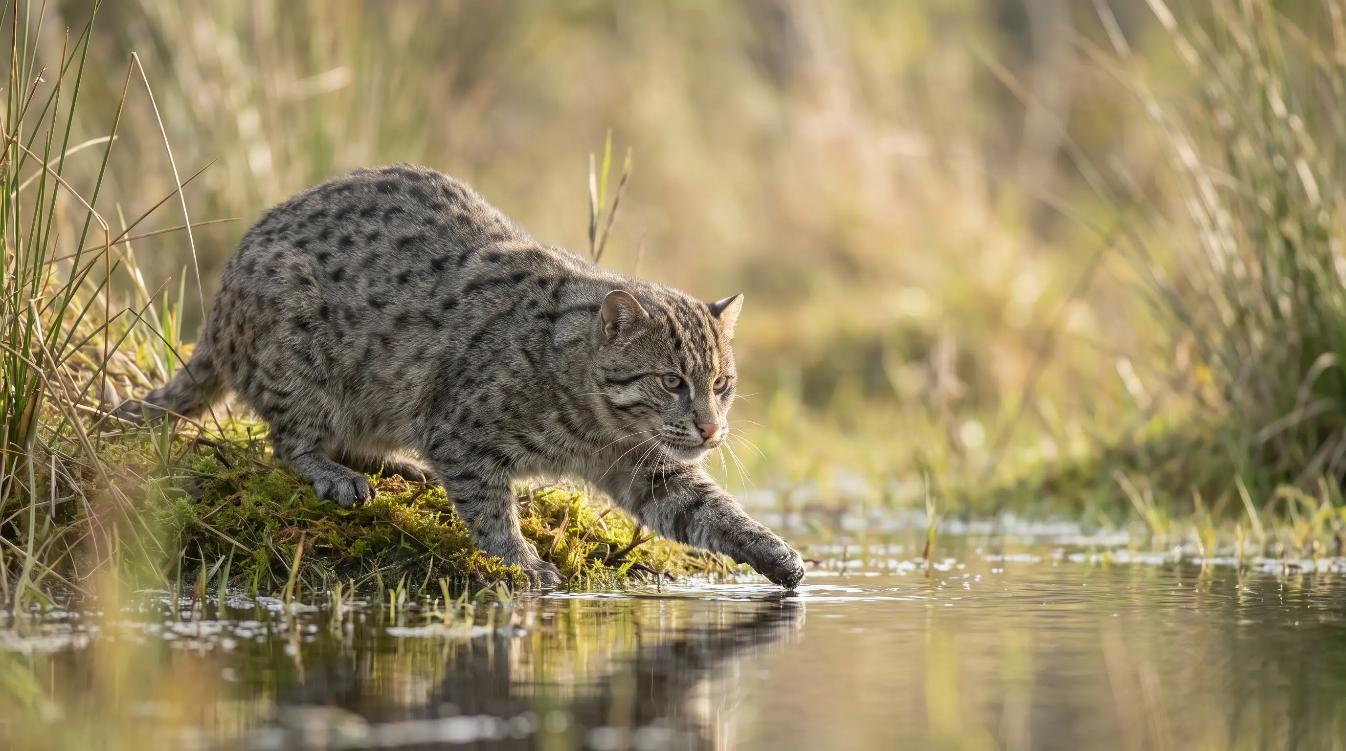 Fishing cat, a stocky olive-grey spotted cat, crouched at the edge of a wetland reaching for water