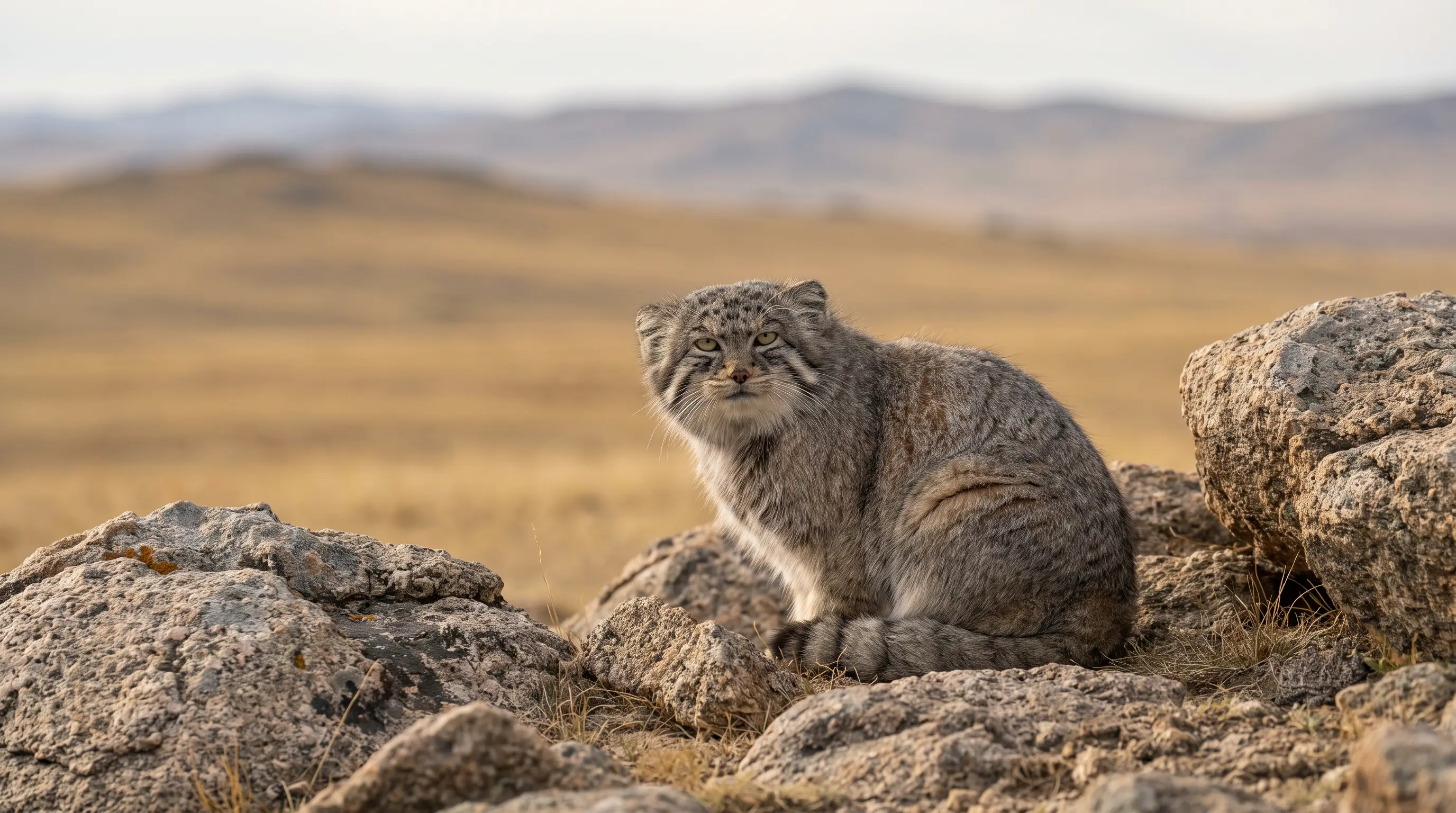 Pallas's cat, a stocky grey wild cat with dense fur and a flat face, sitting among rocks