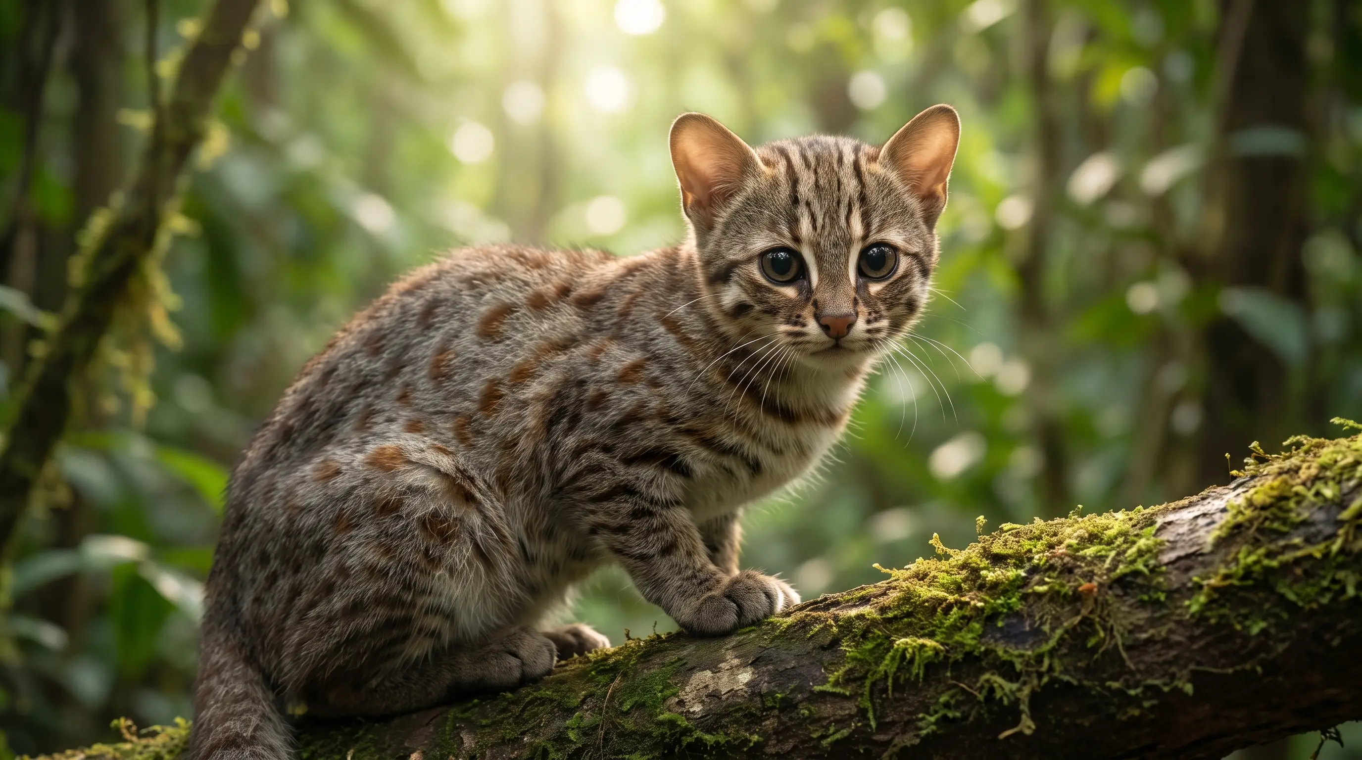 Rusty-spotted cat, a tiny grey cat with rusty-brown spots and large eyes, on a mossy branch