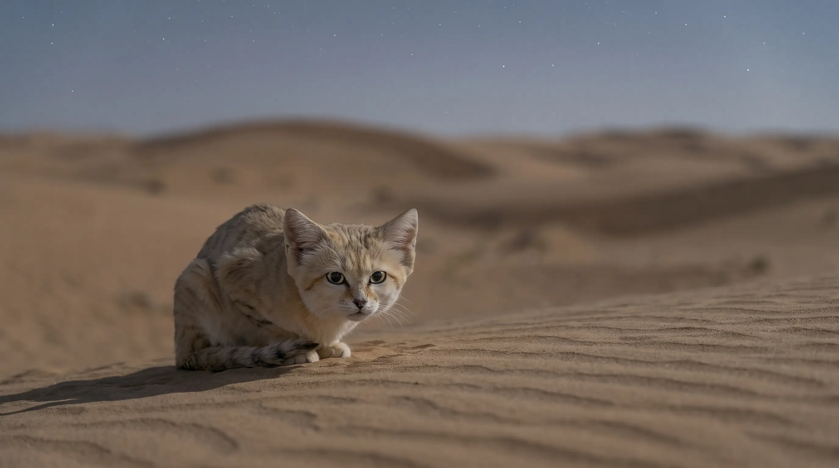 Sand cat, a small pale desert cat with a broad head and very large ears, on a moonlit dune