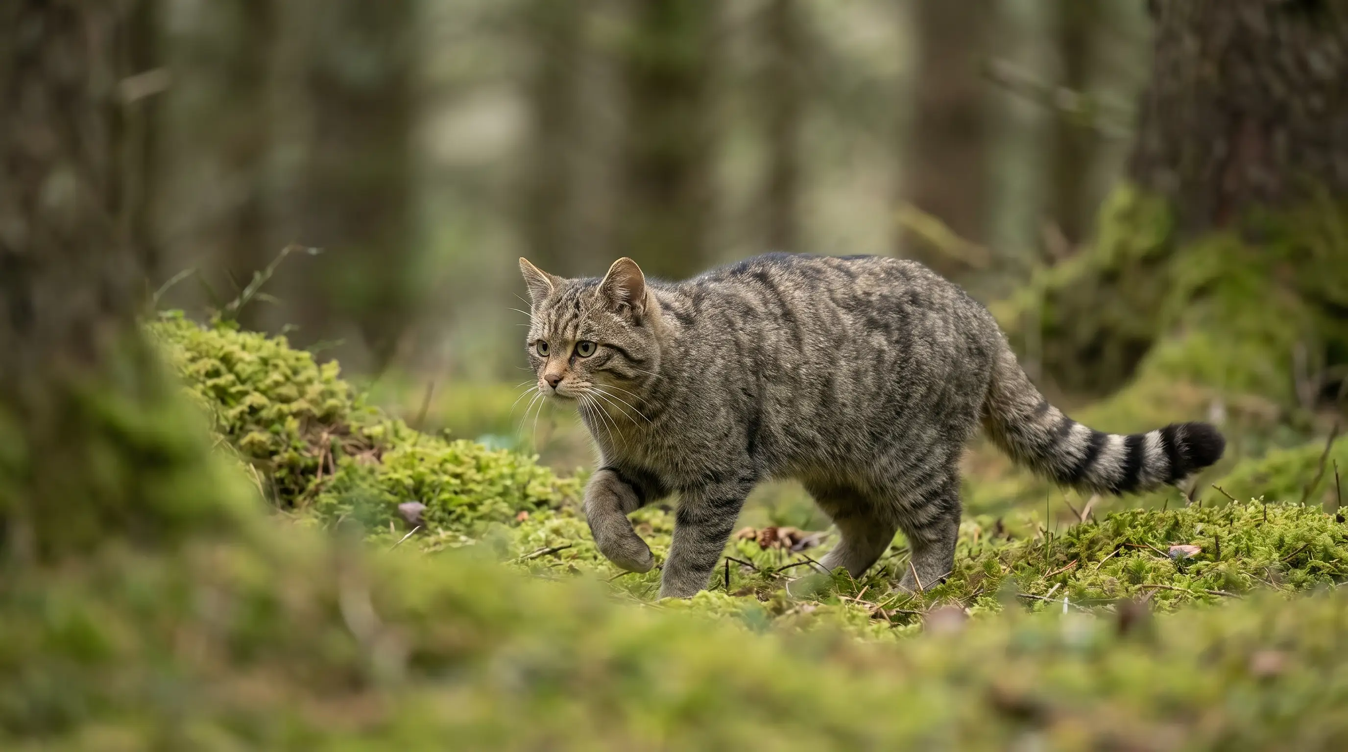 Portrait of a Scottish wildcat showing the broad head and heavy tabby striping of Felis silvestris