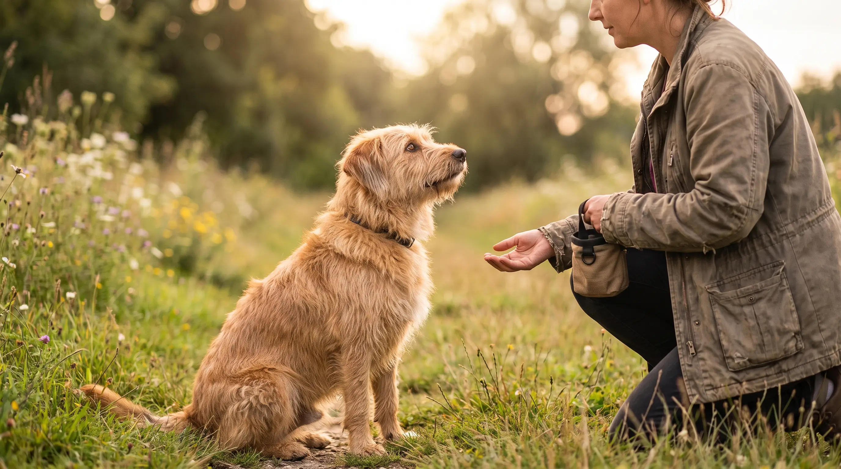 A relaxed pet dog making eye contact with its owner during a calm training moment
