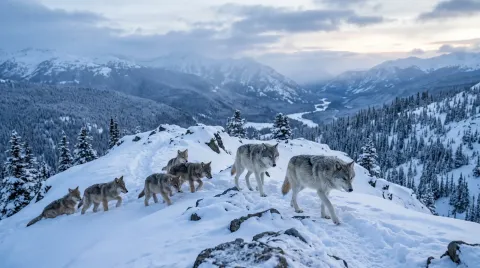 A wild grey wolf pack of adults and pups resting together on a snowy ridge at dawn