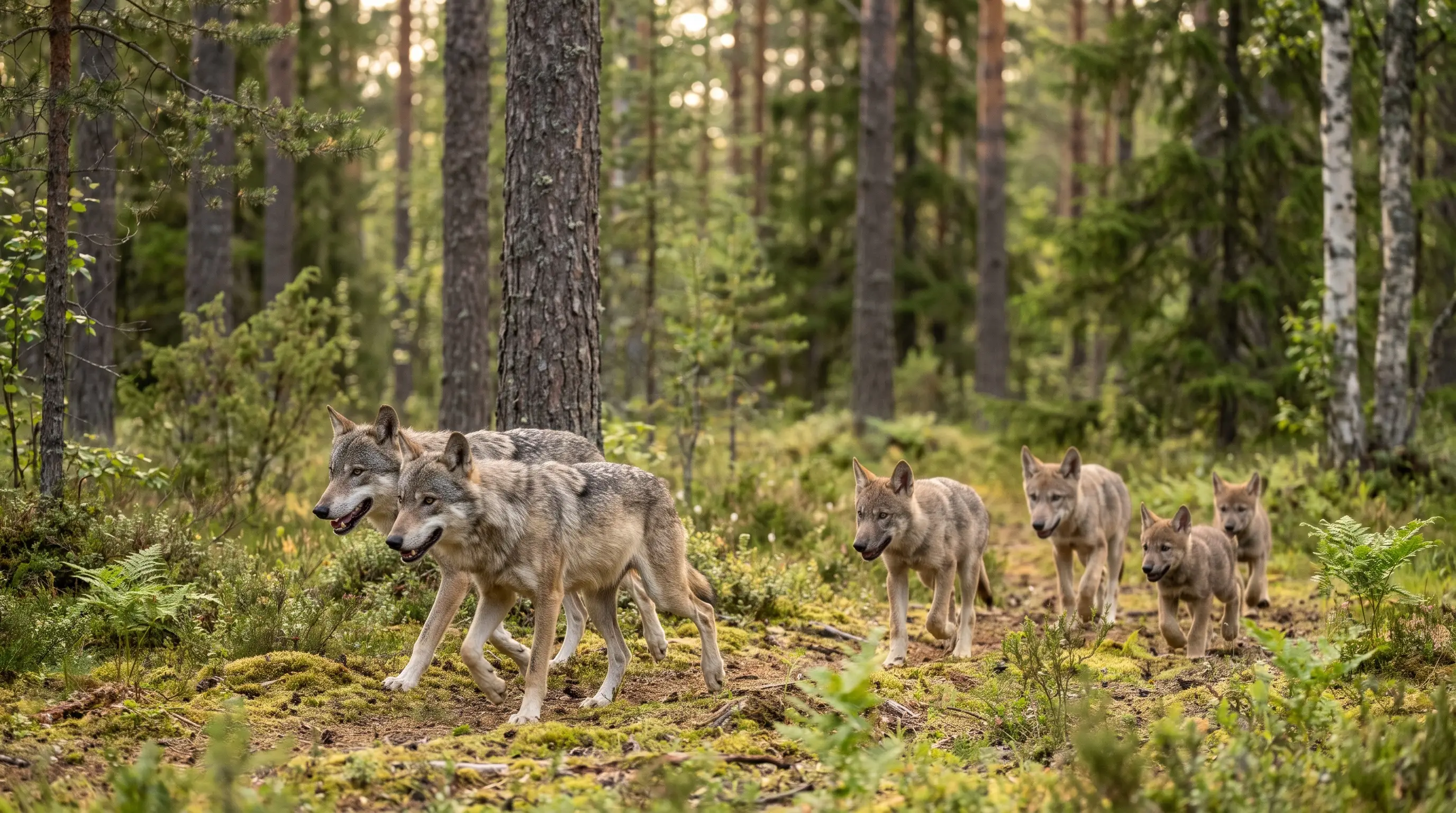 A wolf pair with several pups of different ages travelling through summer forest