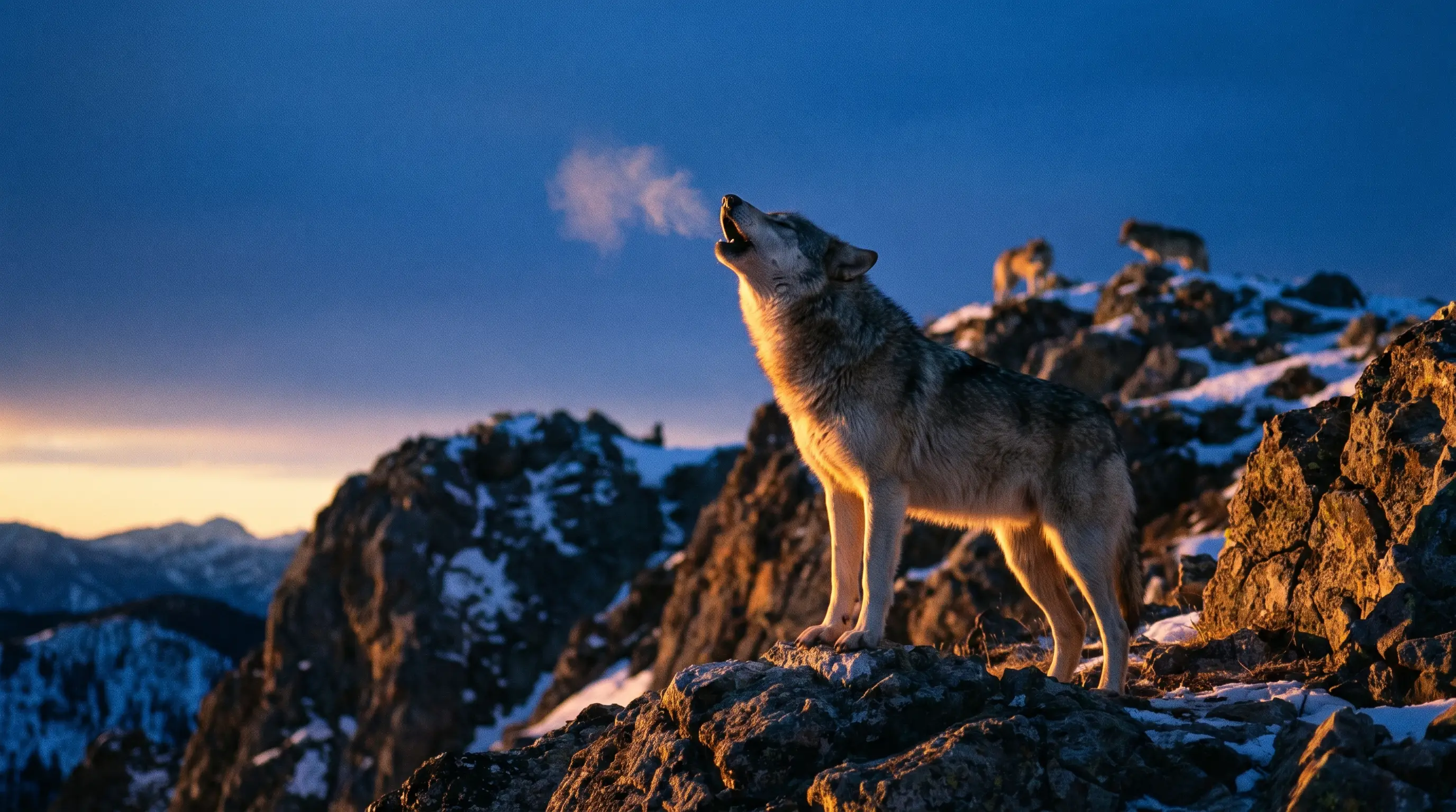 A wolf howling on a ridge at dusk with the rest of the pack nearby
