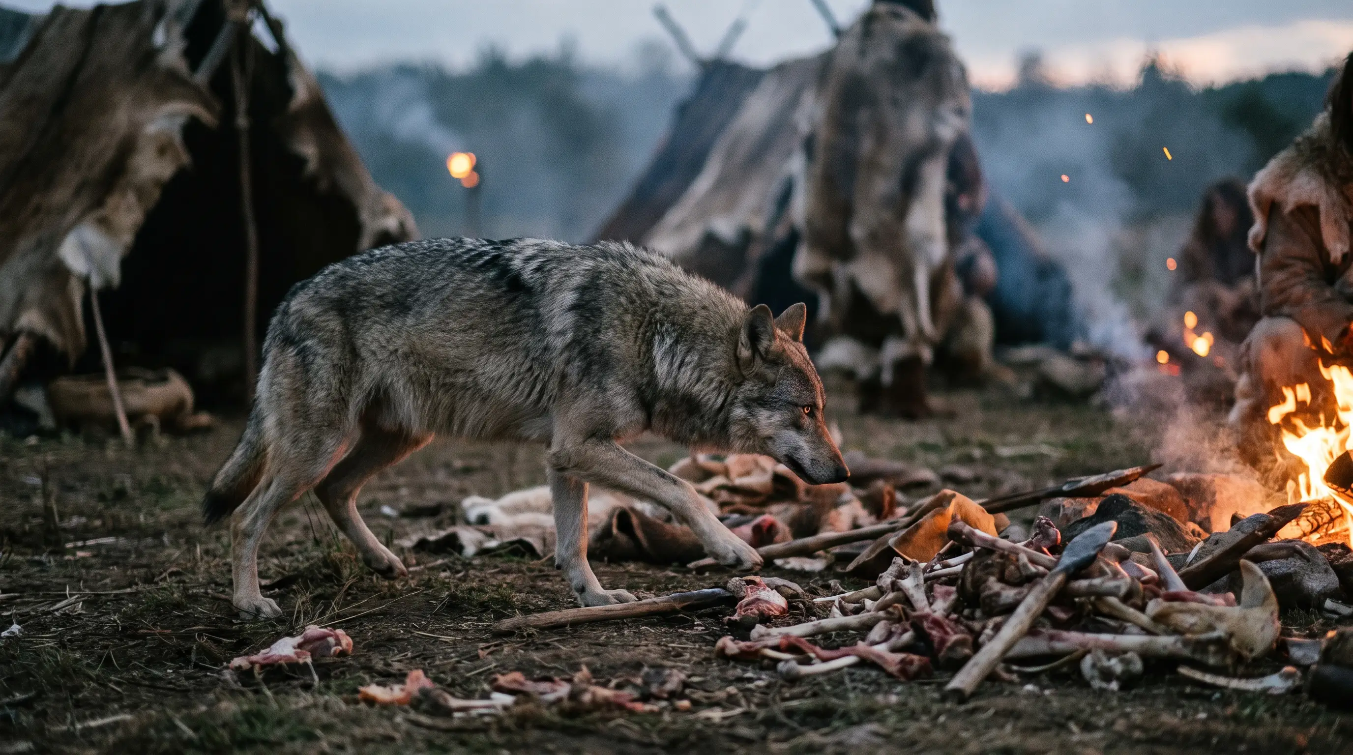 A wary wolf approaching a scatter of bones and scraps at the edge of an ancient human camp