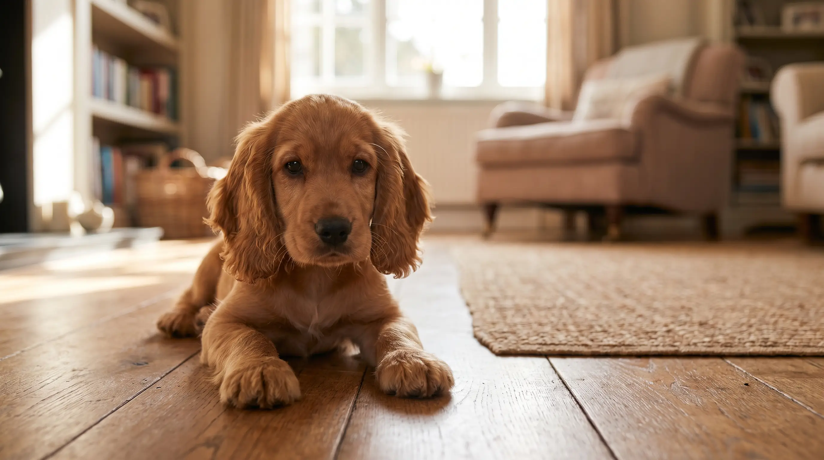 A young dog with soft floppy ears and a rounded juvenile face resting in warm light